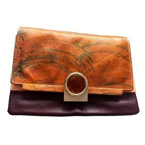 Pour Victoire Clutch Designer Leather Flap Unique Closure Maroon Copper Gold EUC